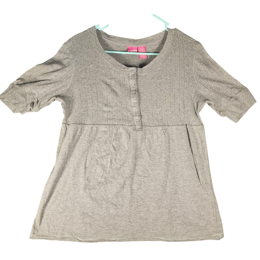 Personal Identity Grey Pointelle Henley Top Short Sleeve Cotton XL Heathered